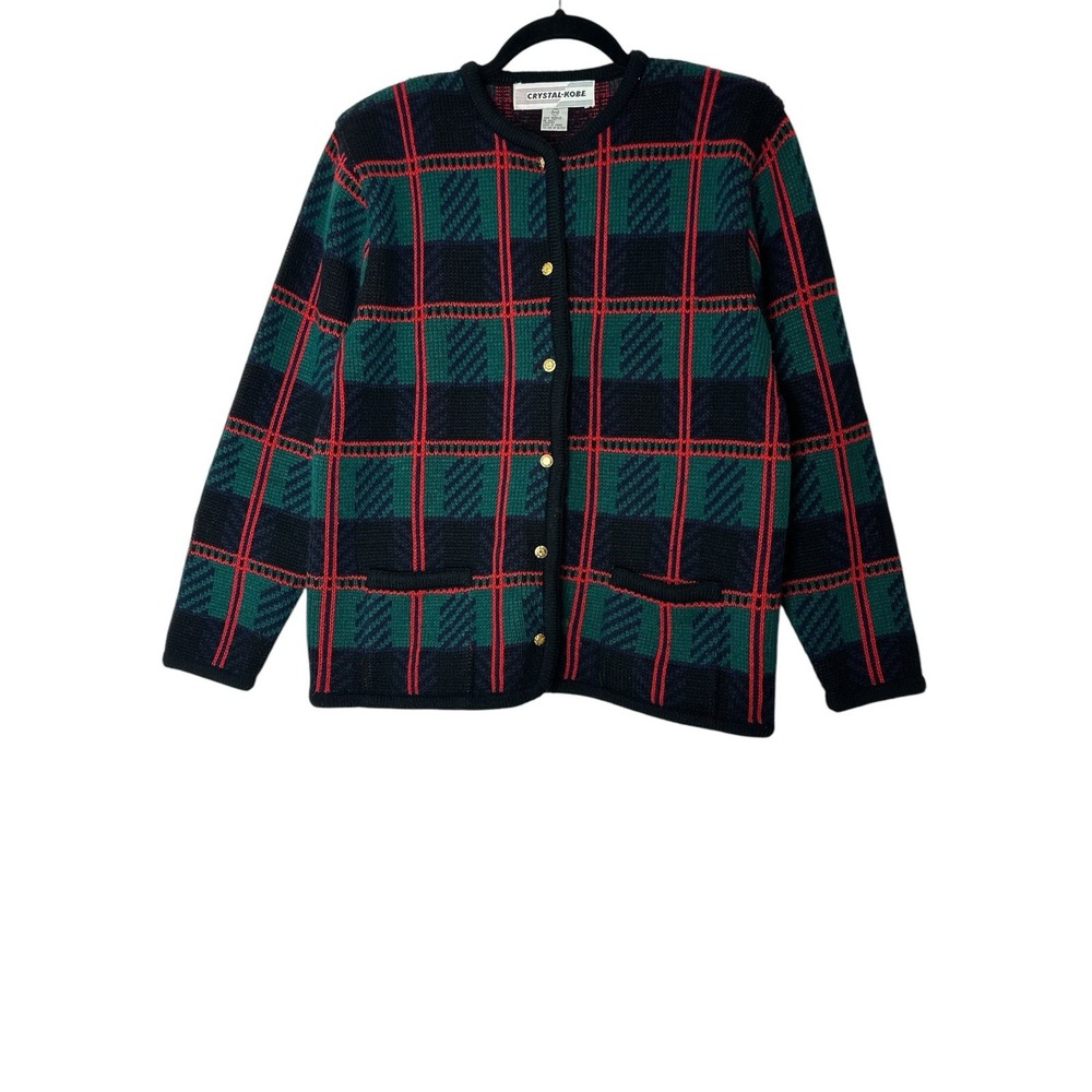 Crystal-Kobe Cardigan Sweater Women Medium Plaid Pockets Academia Career Y2K‎